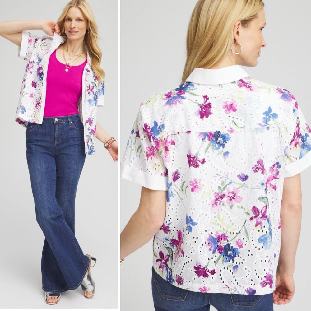 Chicos Cotton Eyelet Shirt Floral Button Front Top